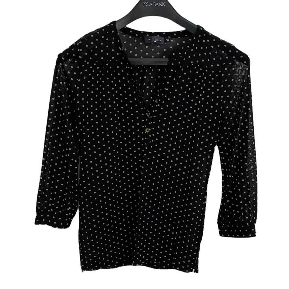 The Limited black shirt w/ tan polka dots V-neck w/ gold accent buttons Sz: XSM